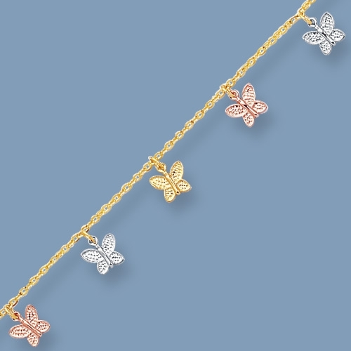 Diamond Cut Butterfly Anklet 14K Yellow White Rose Gold