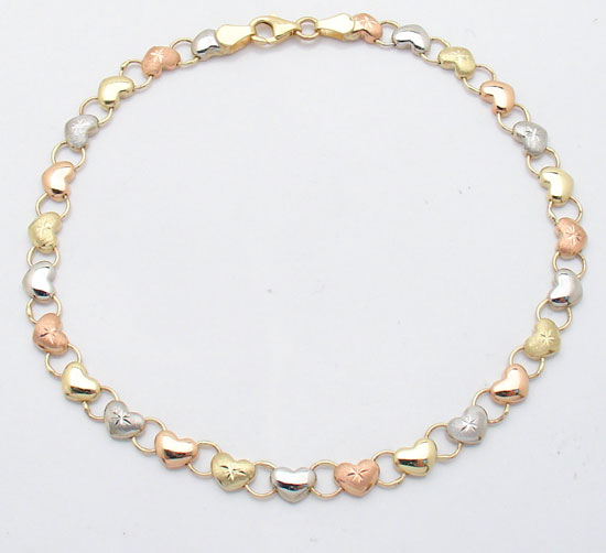 Diamond Cut Heart Anklet 10K Yellow White Pink Gold