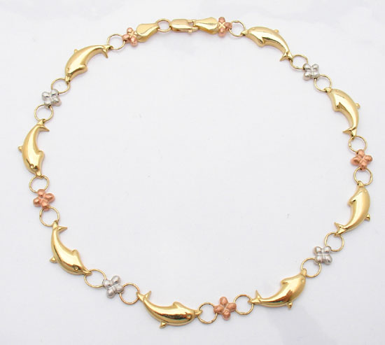Dolphin Anklet Bracelet 10K Yellow White Pink Gold 