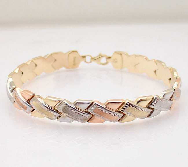 Diamond Cut X Design Stampato Bracelet REAL 10K TriColor Yellow White