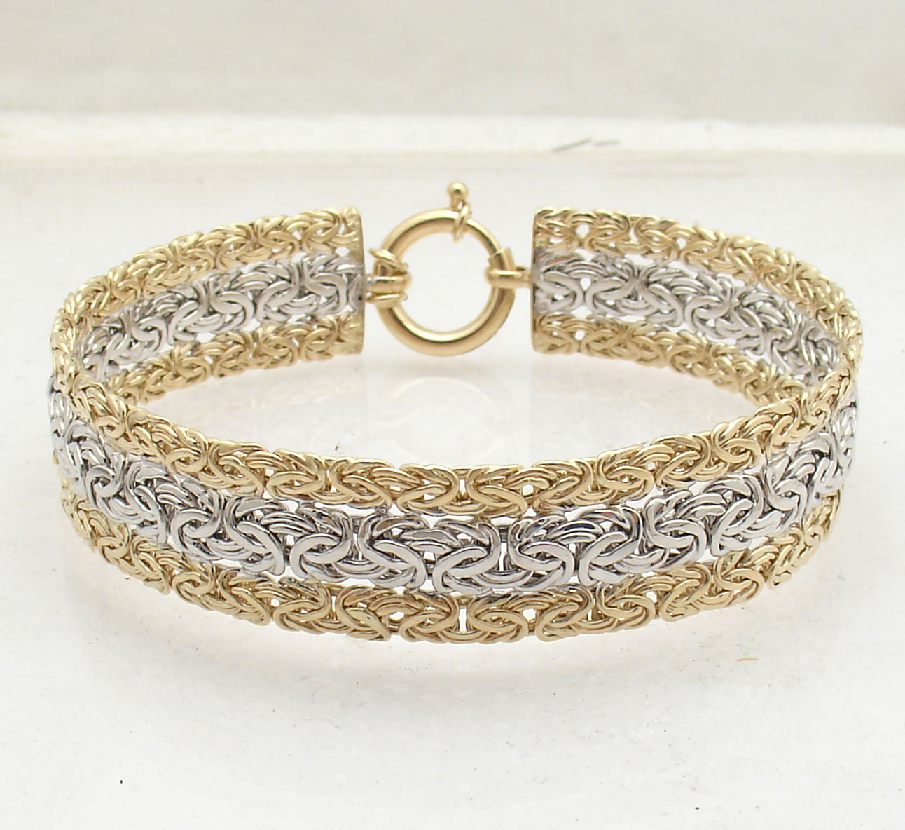 Triple Row Two-Tone Byzantine Chain Bracelet Real 14K Yellow White Gold QVC