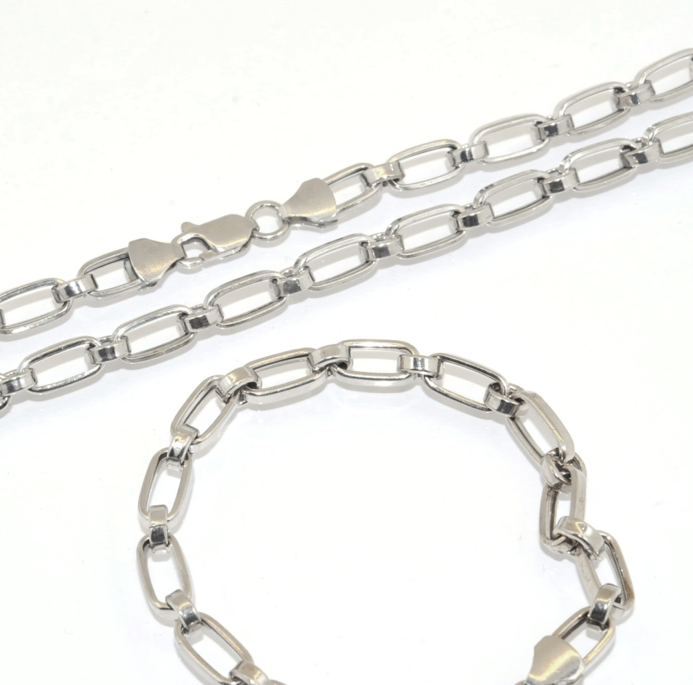 Oval Link Chain Necklace and Bracelet SET REAL 925 Sterling Silver Anti