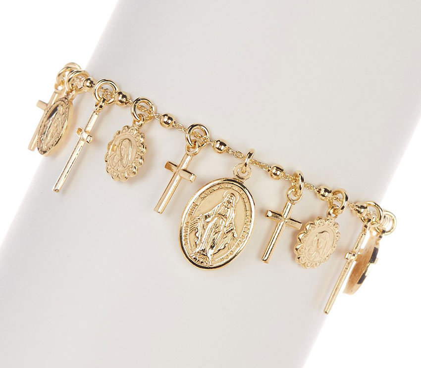 Virgin Mary Cross Charm Rosary Bracelet 18K Yellow Gold Vermeil