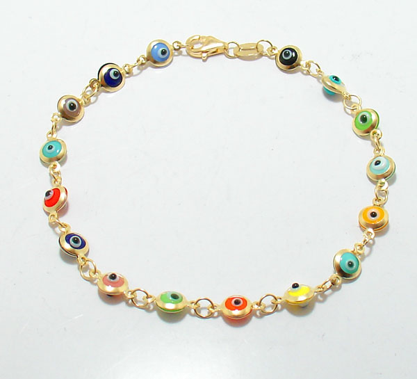 Multi Color Baby Evil Eye Luck Bracelet Real 14K Yellow Gold from 6" to