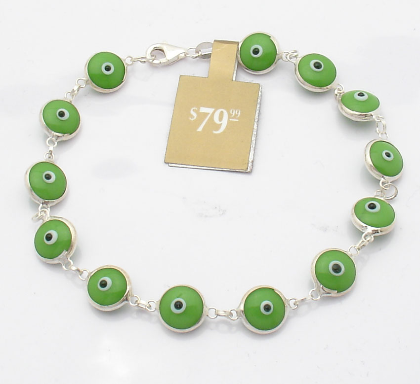 Solid Green Evil Eye Bead Luck Bracelet Real 925 Sterling Silver Great