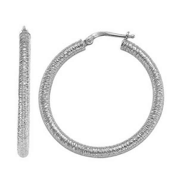 Textured Lining Hoop Earrings 14K Solid White Gold 3mm x 25mm 1
