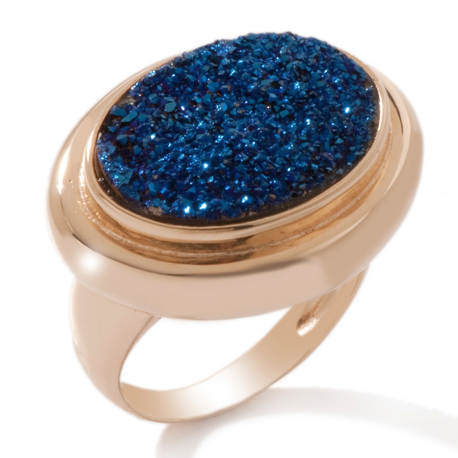 Technibond Oval Blue Drusy Quartz Ring 14k Yellow Gold Clad Silver Categories