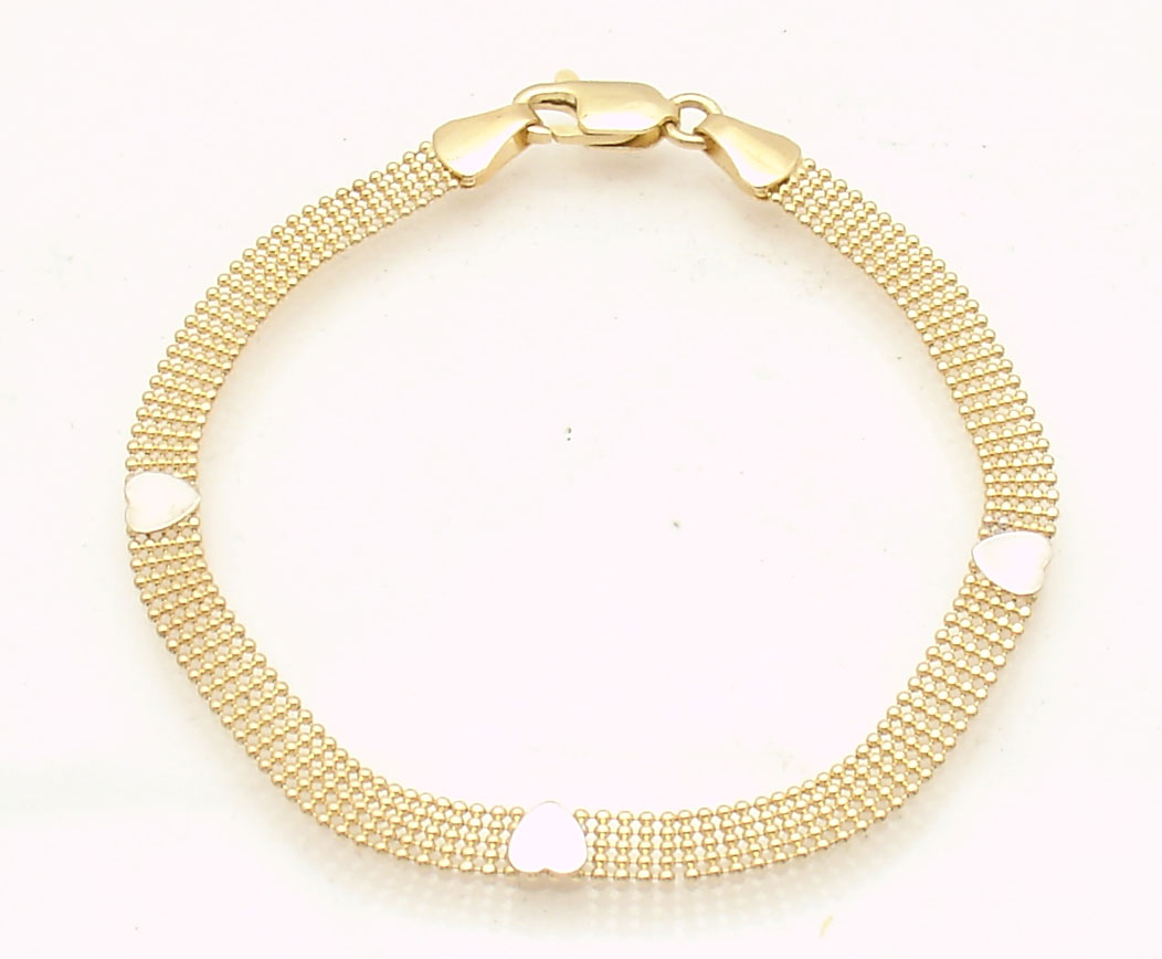 7" 5 Row Ball Chain Link Bracelet with White Heart Stations REAL 14K