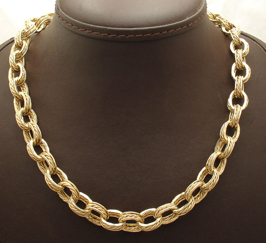 17" Twisted Hammered Triple Oval Link Chain Necklace Real 14K Yellow