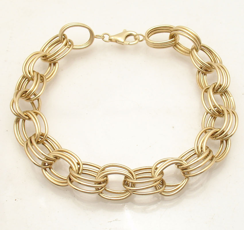 Shiny Interlocked Triple Oval Link Bracelet Lobster Lock Real 14K