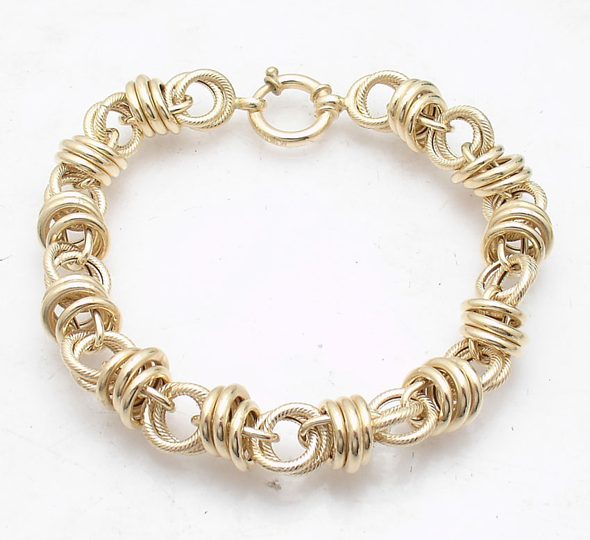 Bold Textured Shiny Circle Rolo Link Charm Bracelet Real 14K Yellow