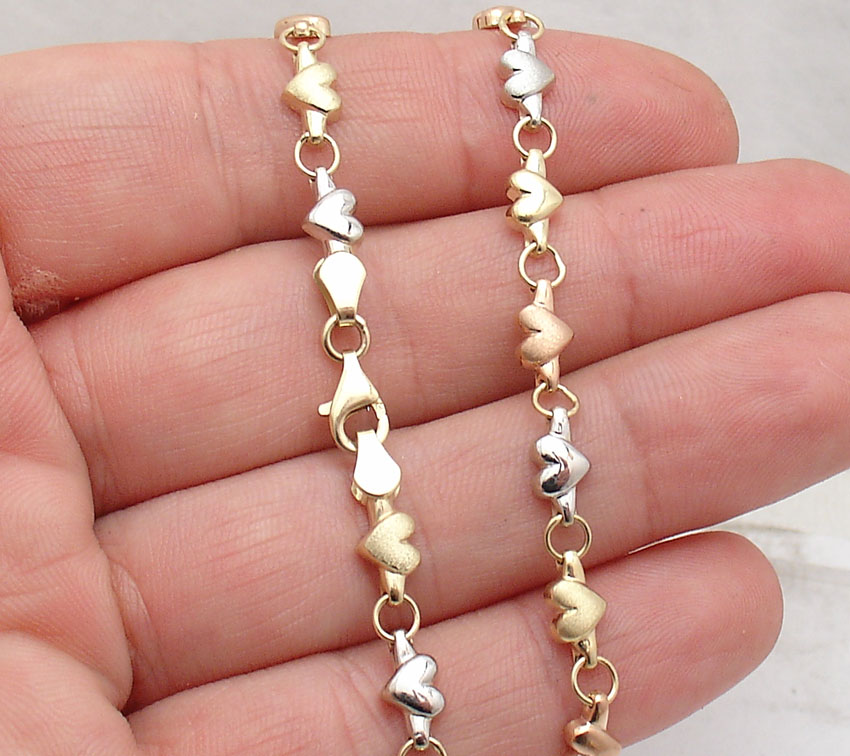 BestGoldShop 14K White Gold Heart Link Charm Anklet – Real Solid Gold, Satin Finish