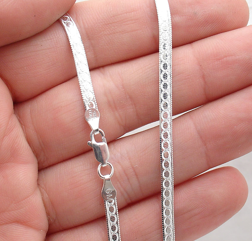 16" Reversible Textured Shiny Herringbone Chain Necklace Solid Sterling