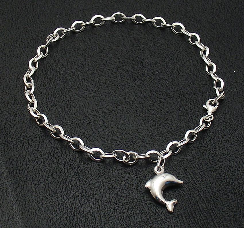 Sterling Silver Dolphin Charm Link Anklet 9 1//2 Inch