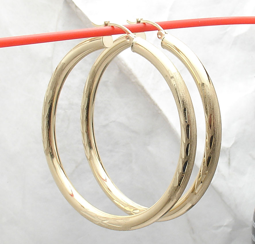 2" Large Diamond Cut Round Hoop Earrings REAL 14K Yellow Gold 4mm X 50mm eBay