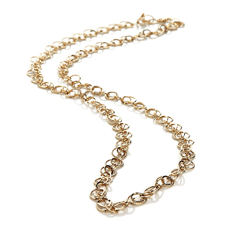 Extra Long Textured & Polished Oval Circle Chain Necklace Real 14K
