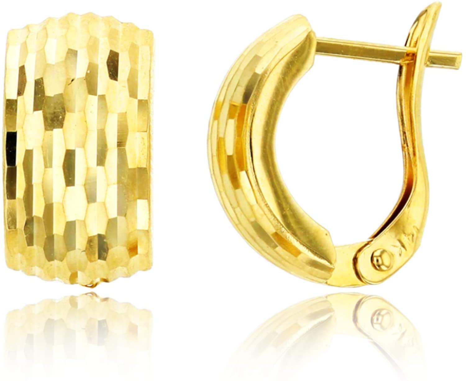 Diamond Cut Wide Huggie Hoop Earrings w/ Leverback Solid Real 14K